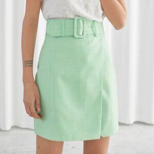 NWT & Other Stories Belted Tailored Overlap Mini Skirt Mint Green Women's Size 2